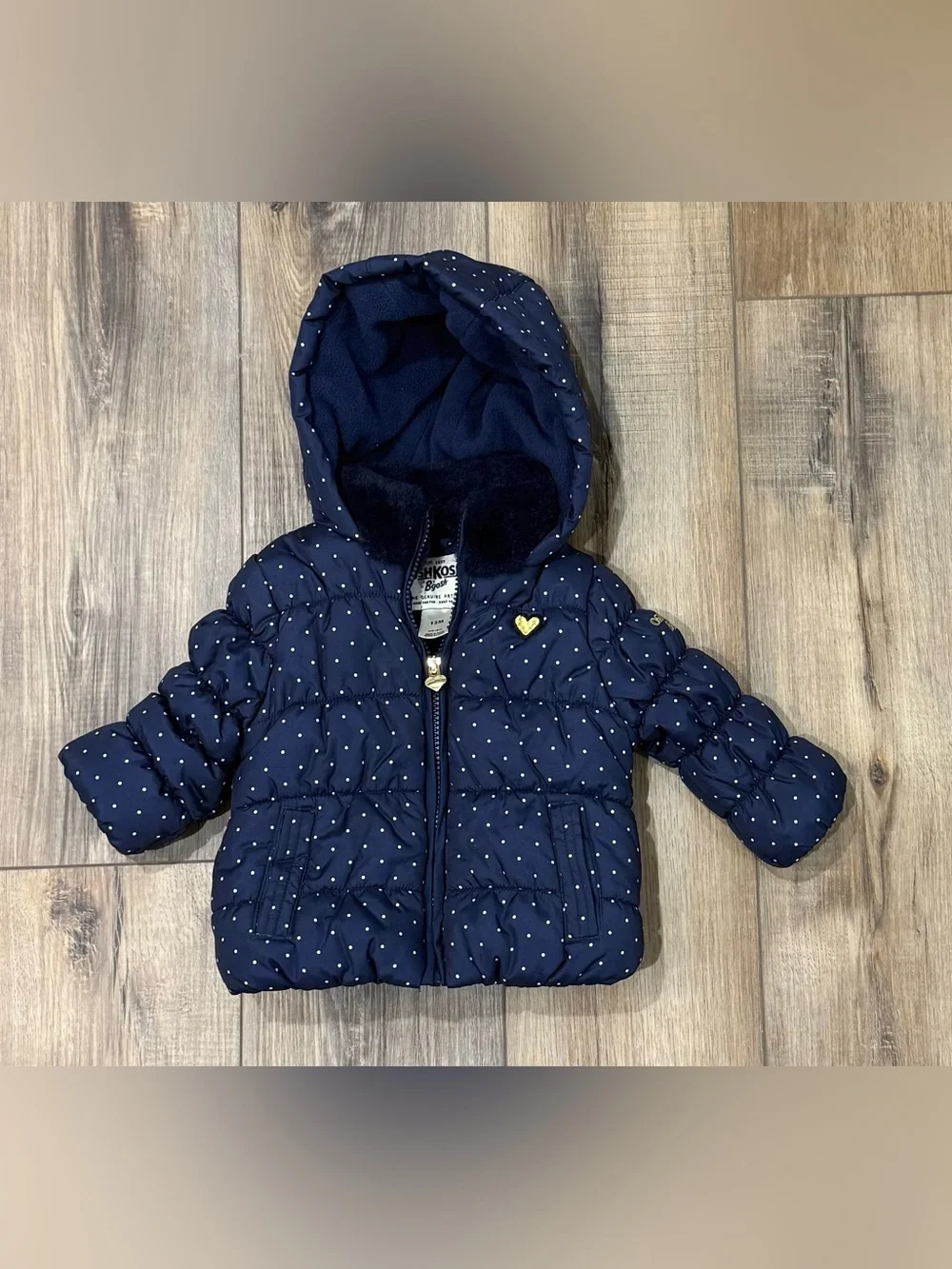 OshKosh B’gosh Baby Girls 12M Navy Polka Dot Hooded Puffer Winter Coat